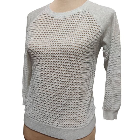 Express S Womens Sweater Silver Metallic Open Knit Pullover Sheer Sparkle Top - Picture 12 of 12